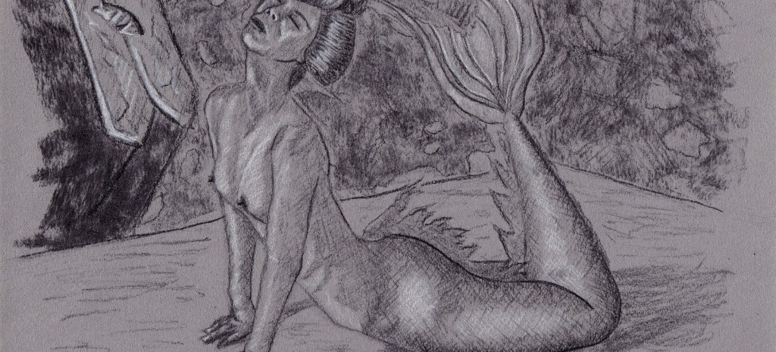 Geisha - mermaid - mermay - illustration - drawing - charcoal - portrait - figure drawing - fine art - nude