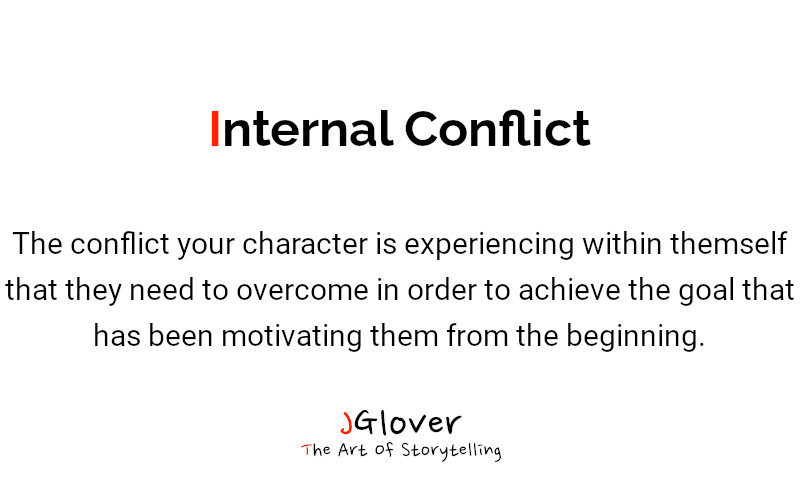 Definition of Internal Conflict in Storytelling: The conflict your character is experiencing within themself that they need to overcome in order to achieve the goal that has been motivating them from the beginning.